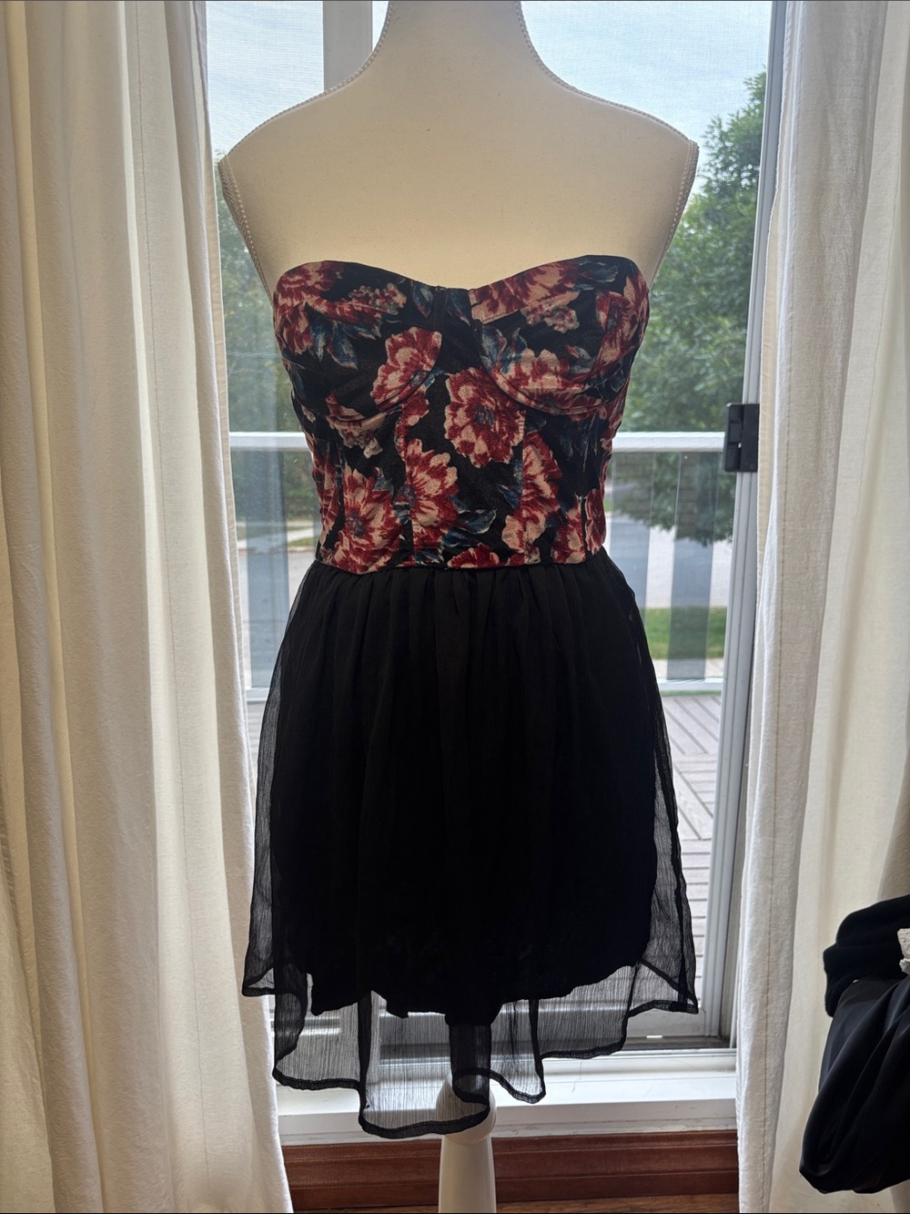Hollister Strapless Floral Bustier with Black Chiffon Skirt